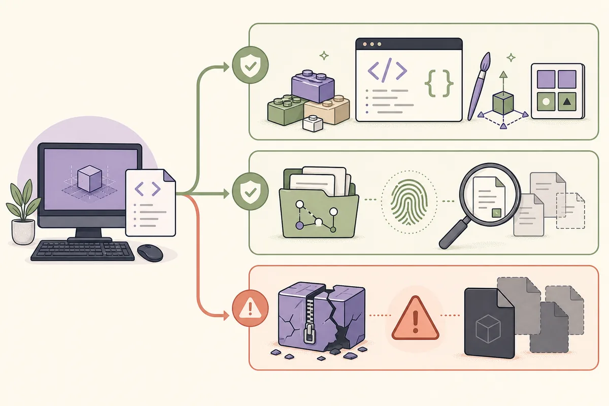 Illustration mit drei Wegen: legitime Tools, Quellenverifizierung und riskante kopierte Downloads