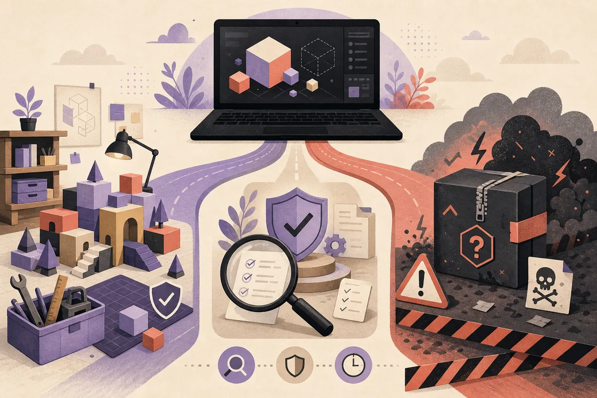 Redaktionelle Illustration zum Vergleich verifizierter Entwicklungstools, Quellenprüfung und riskanter unbekannter Downloads