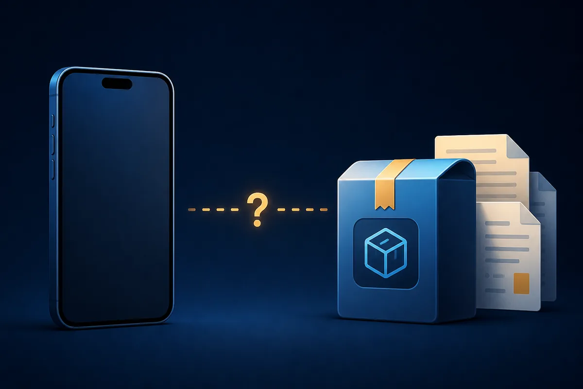Editorial illustration of an iOS phone separated from an unverified application package and source documents
