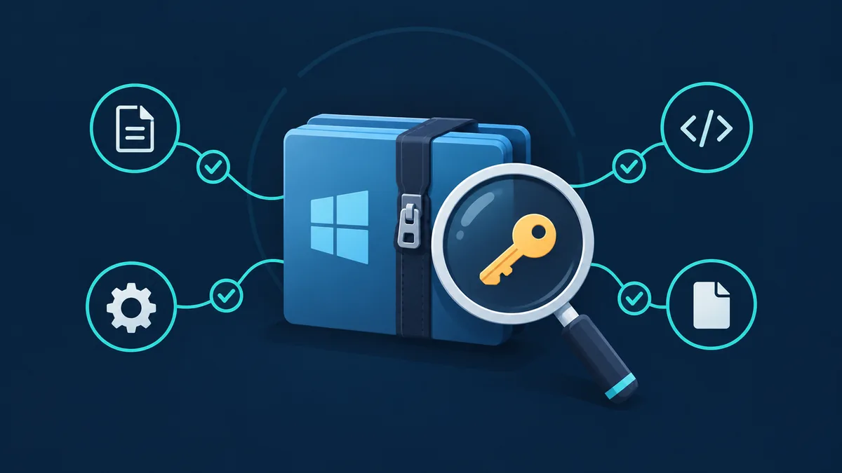 Redaktionelle Illustration eines Windows-Archivs und eines Keys unter einer Lupe