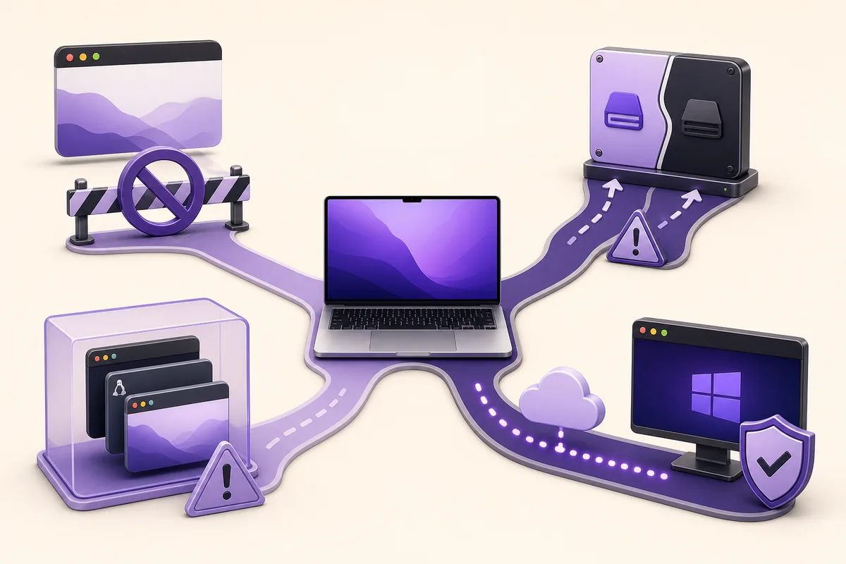 Diagramma con uso nativo bloccato, dual boot, virtualizzazione e Windows remoto