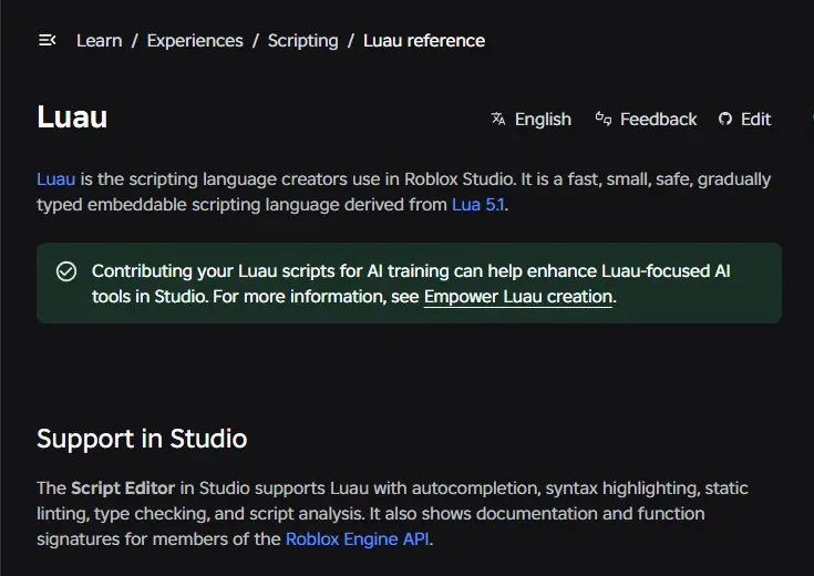 Studioのスクリプト機能を説明するRoblox Creator Hub Luau資料の切り抜き