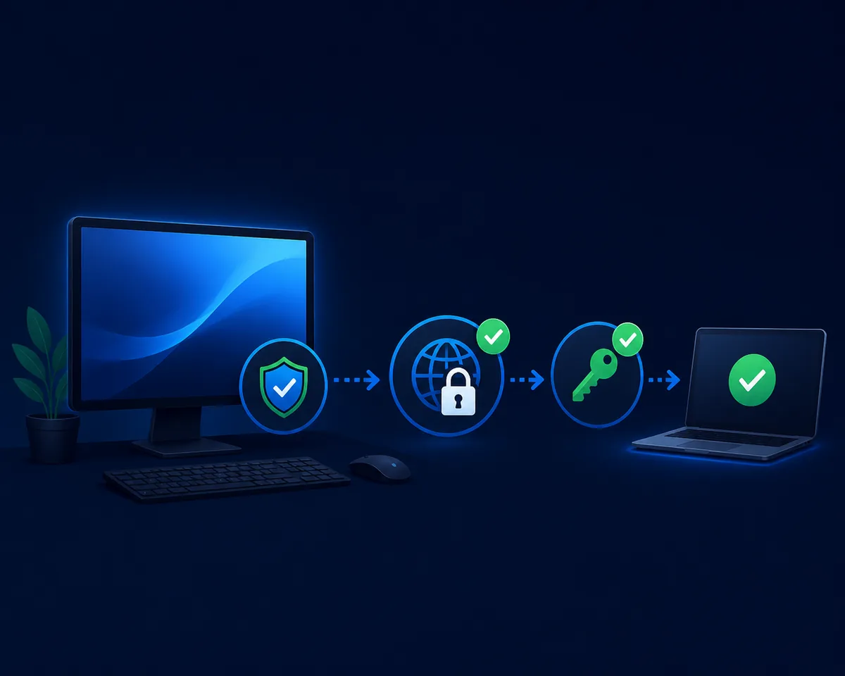 Editorial illustration of device scanning, account lock, password key and trusted-device review